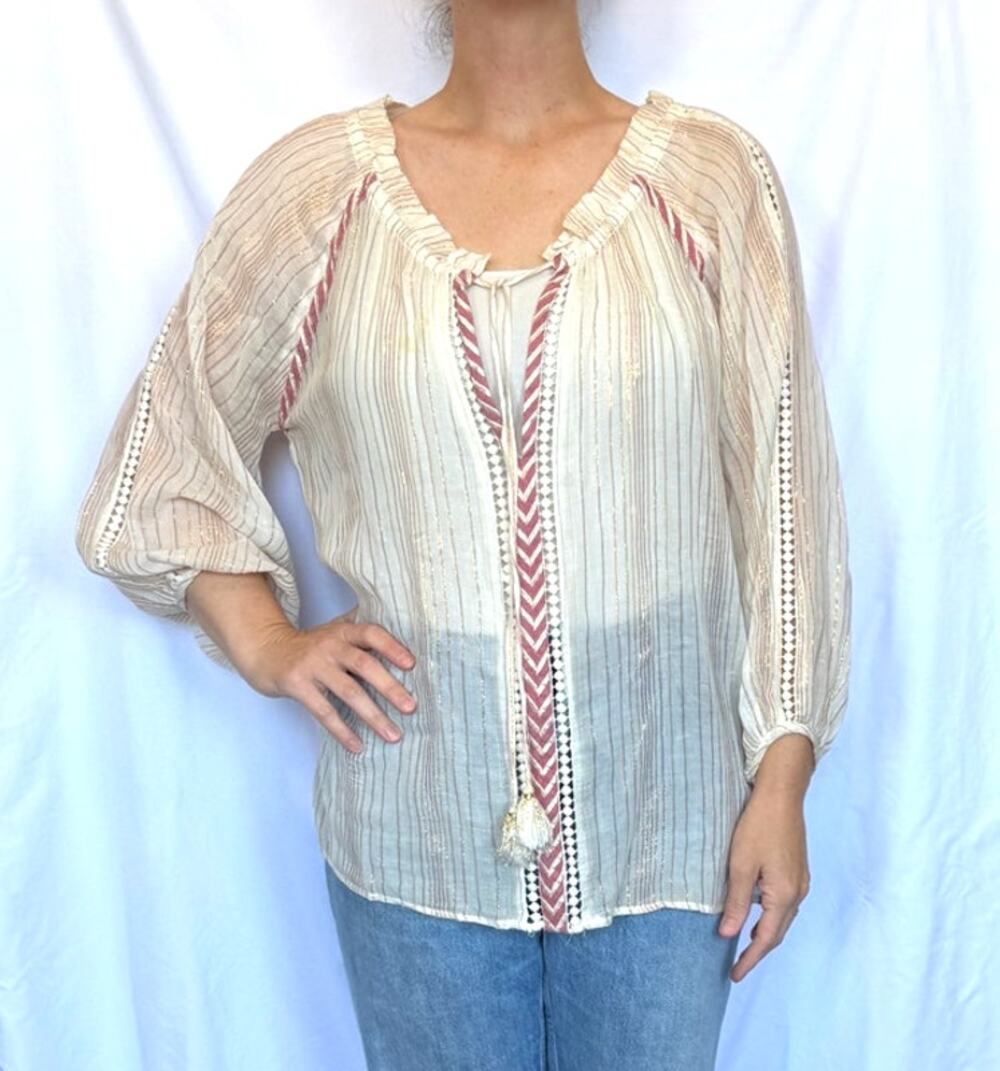 Miss June Paris Cream Sheer Top Pink Metallic Stripes Flowy Coverup Boho, Medium